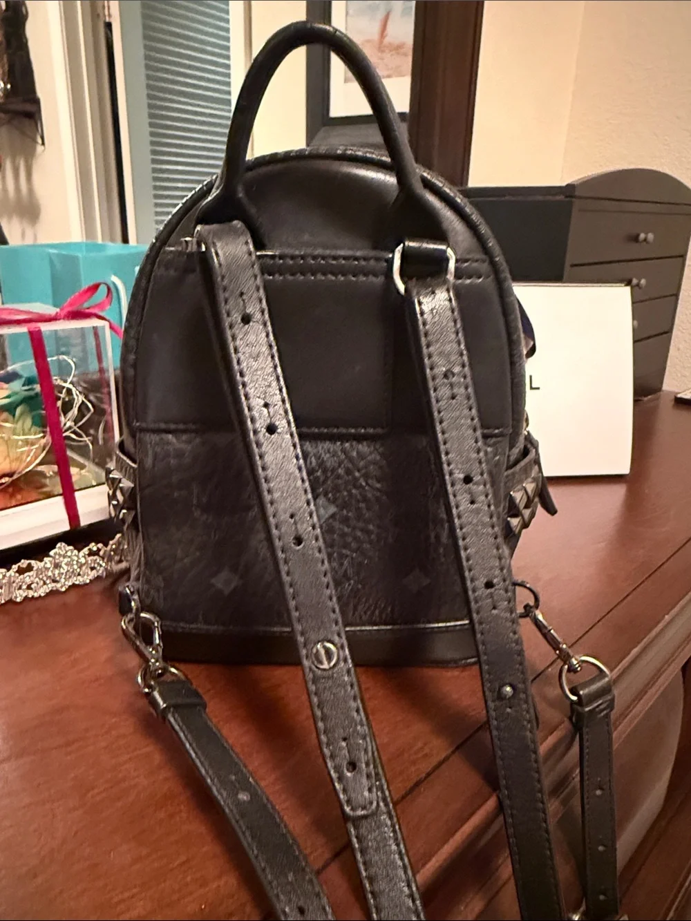 MCM Black Logo Leather Mini Backpack with Gold Plaque